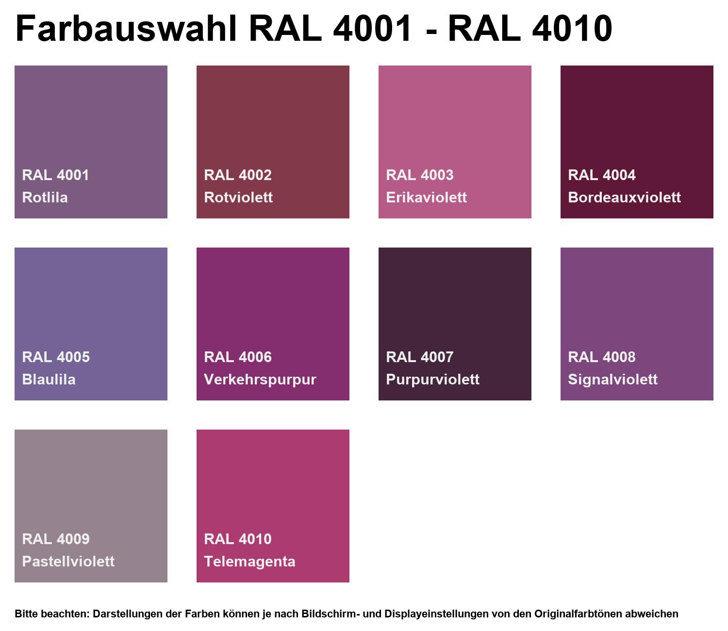 Farbkarte zur Farbauswahl RAL 4001 bis RAL 4010 mit Farbfeldern von Rotlila, Rotviolett, Erikaviolett, Bordeauxviolett, Blaulila, Verkehrspurpur, Purpurviolett, Signalviolett, Pastellviolett und Telemagenta