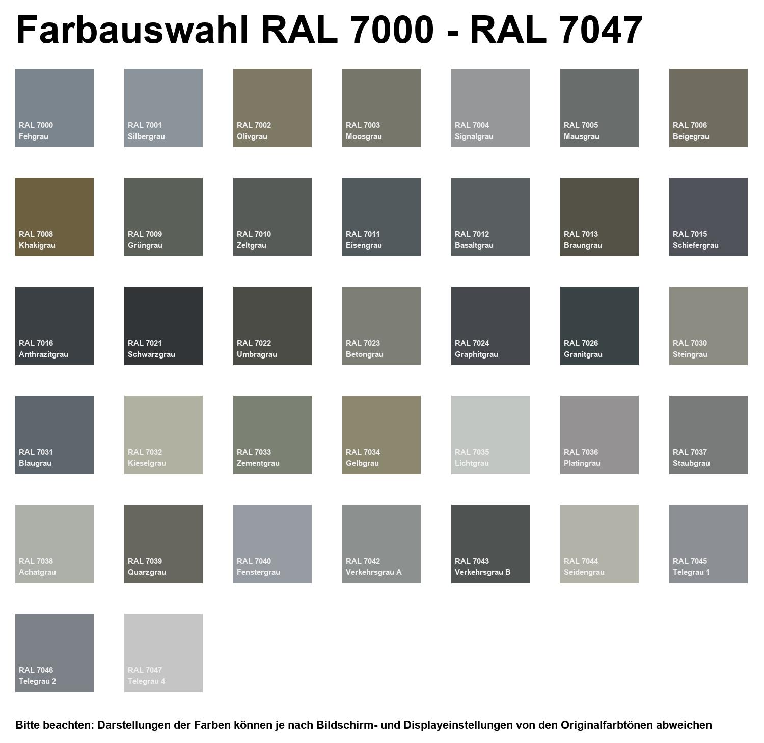 Farbkarte zur Farbauswahl RAL 7000–7047 mit Grautönen und Farbnamen, geeignet zur Auswahl der Produktfarbe