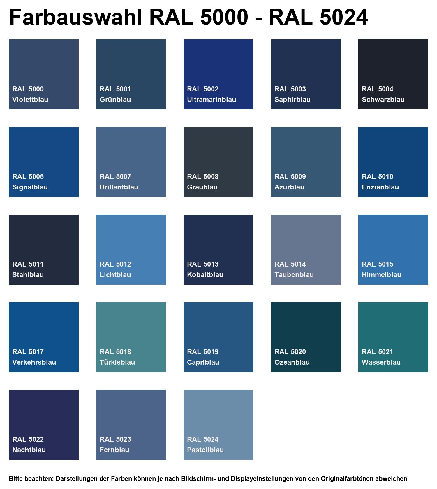 Farbkarte mit RAL-Blautönen 5000 bis 5024, inklusive Violettblau, Ultramarinblau, Signalblau, Lichtblau, Türkisblau, Ozeanblau und Pastellblau zur Produkt-Farbauswahl