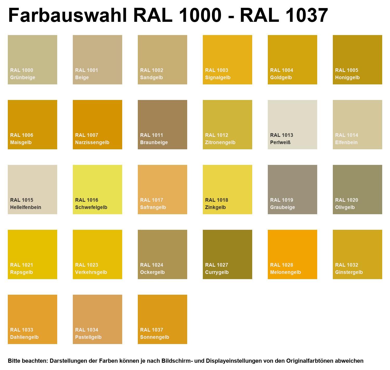 Farbauswahl für das Produkt mit RAL-Farbtönen 1000 bis 1037, darunter Grünbeige, Beige, Signalgelb, Goldgelb, Zitronengelb, Rapsgelb, Verkehrsgelb und Sonnengelb