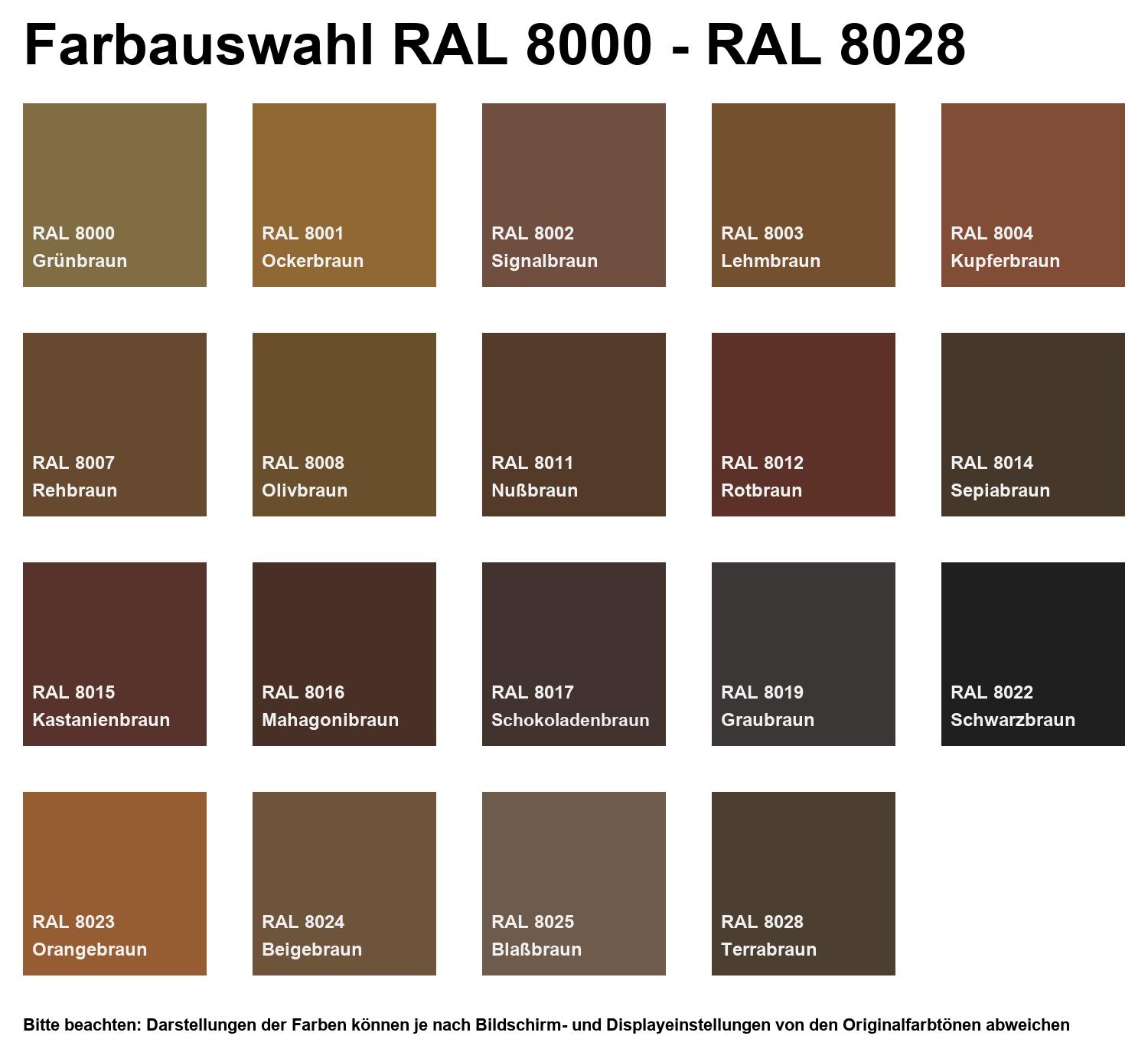 Farbkarte mit RAL-Farbauswahl 8000–8028 in Brauntönen, darunter Grünbraun, Ockerbraun, Rotbraun, Schwarzbraun und Terrabraun zur Produkt-Farbwahl