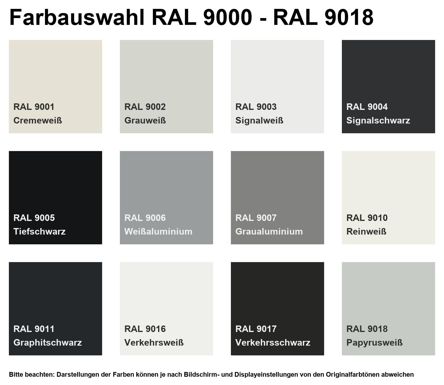 Übersicht der Farbauswahl RAL 9000–9018 mit Farbmustern: RAL 9001, 9002, 9003, 9004, 9005, 9006, 9007, 9010, 9011, 9016, 9017 und 9018 für die Produktkonfiguration