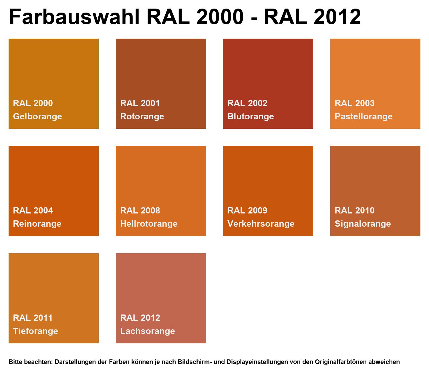 Farbkarte zur Produktauswahl mit RAL 2000 bis RAL 2012: Gelborange, Rotorange, Blutorange, Pastellorange, Reinorange, Hellrotorange, Verkehrsorange, Signalorange, Tieforange und Lachsorange